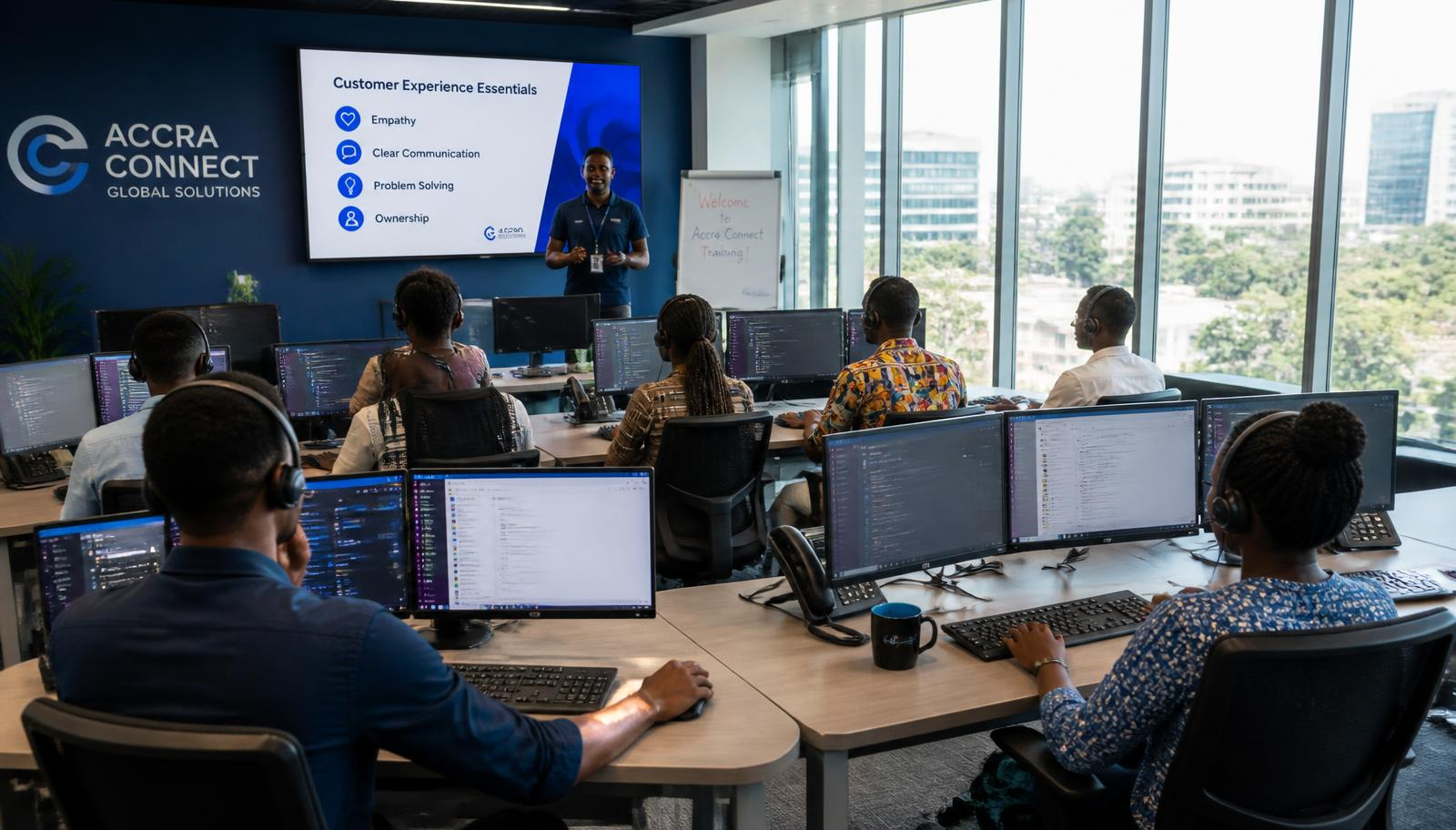 Customer experience training session in progress on the JS² Solutions delivery floor in Accra, Ghana
