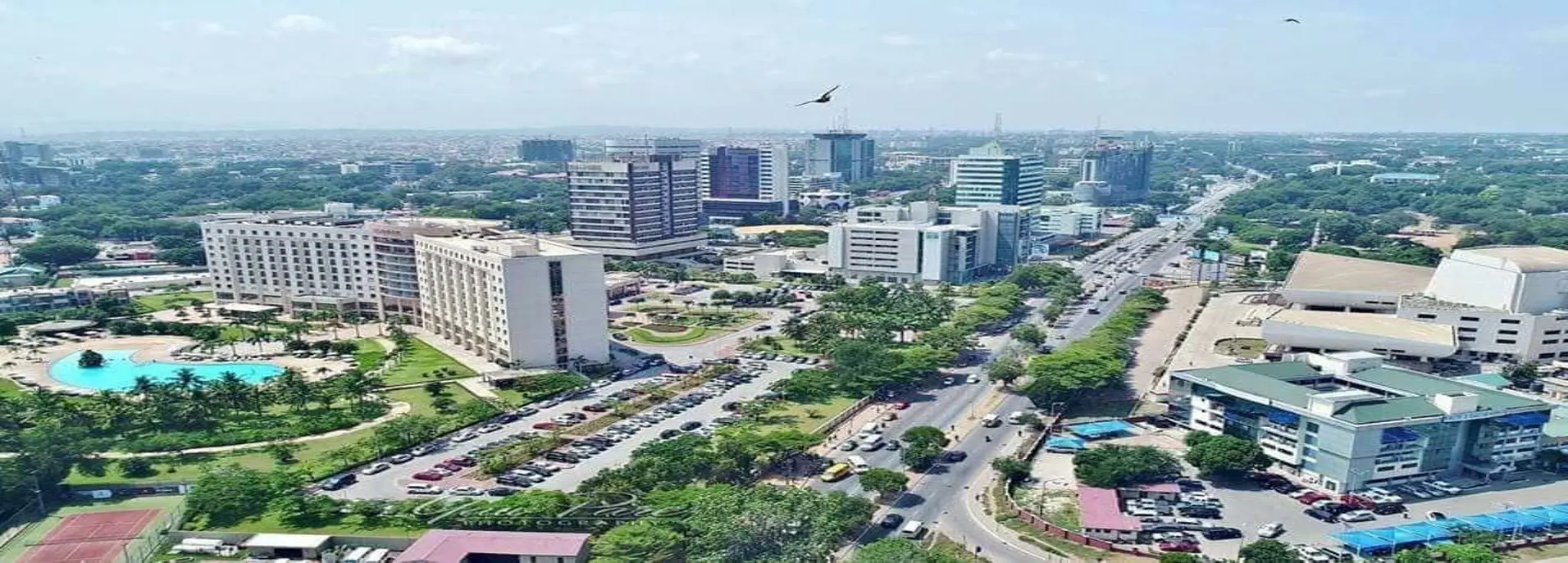 Aerial view of central Accra, Ghana with modern office towers and hotels