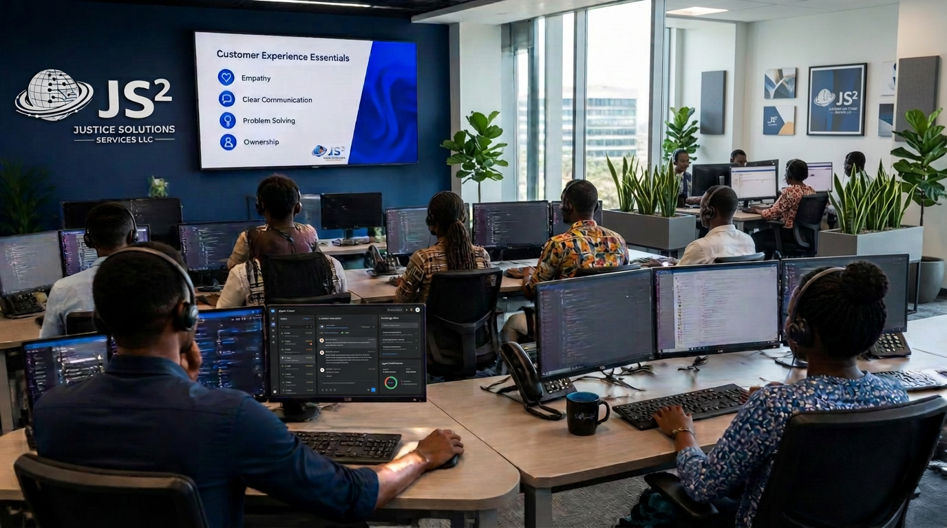 Customer experience training session in progress on the JS² Solutions delivery floor in Accra, Ghana