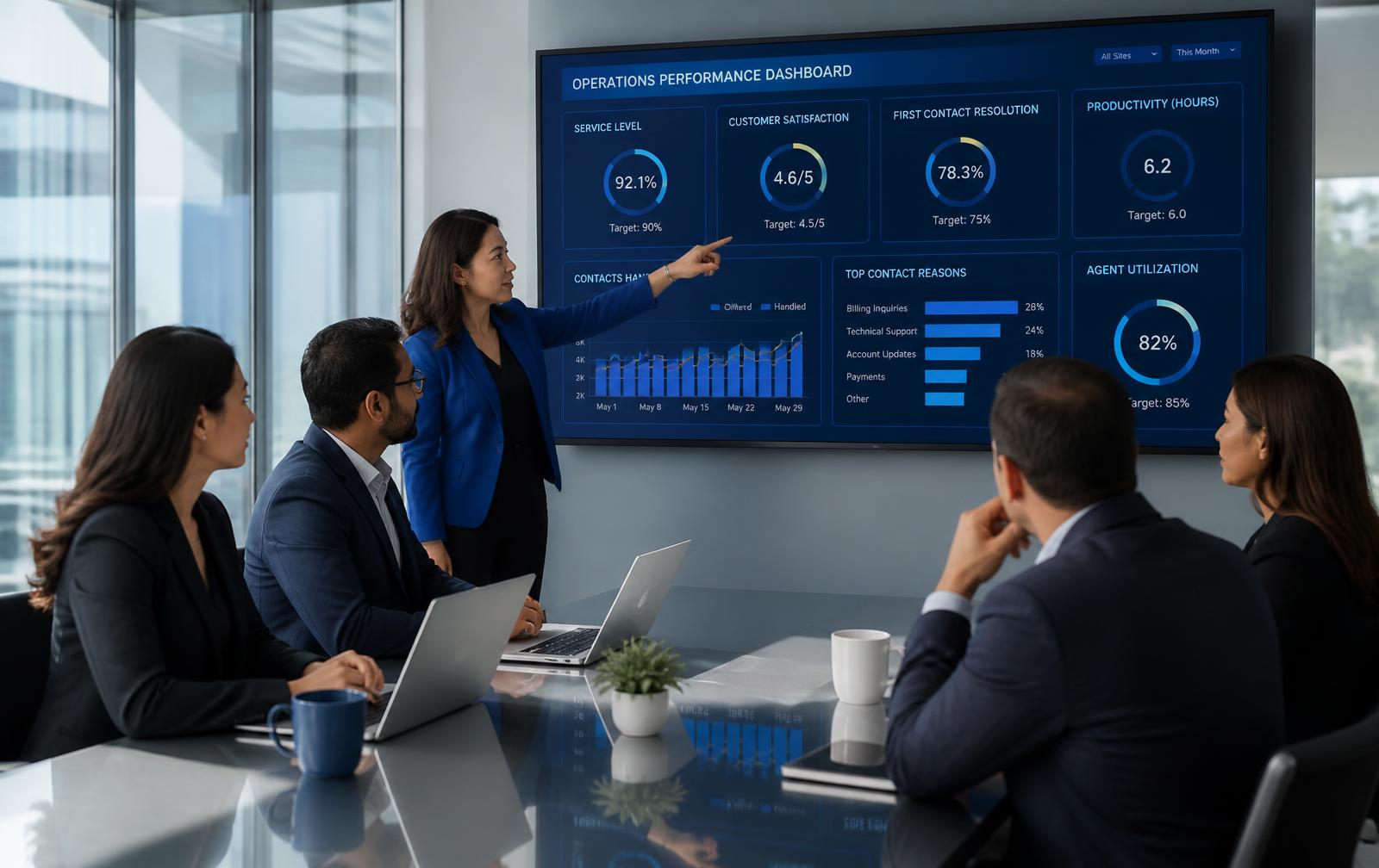 JS² operations leaders reviewing a live performance dashboard